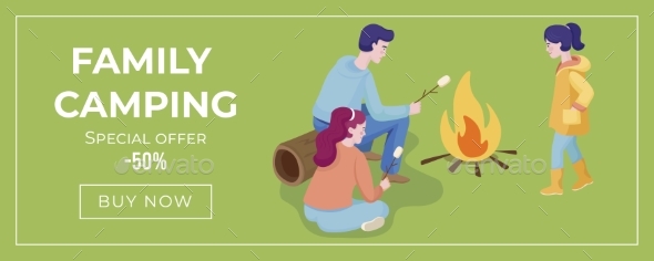 Family Camping Web Banner Design Template. Vector