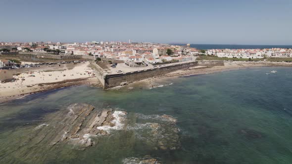 Peniche beach in Portugal. Aerial circling