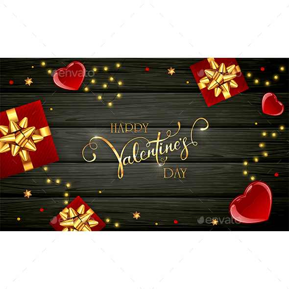 Red Valentines Hearts and Gifts on Black Wooden Background