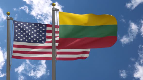 Usa Flag Vs Lithuania Flag On Flagpole