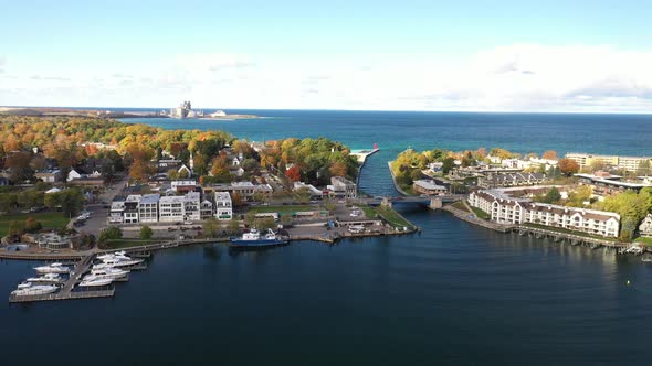 Skyline drone video of Charlevoix, Michigan.