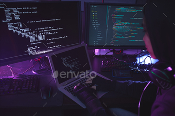reens programming or hacking security in dark room, copy space