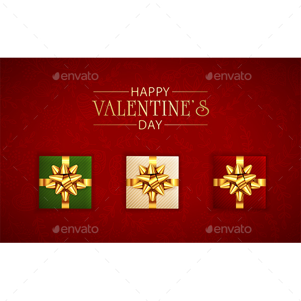 Valentines Lettering and Gifts with Golden Holiday Bow on Red Background
