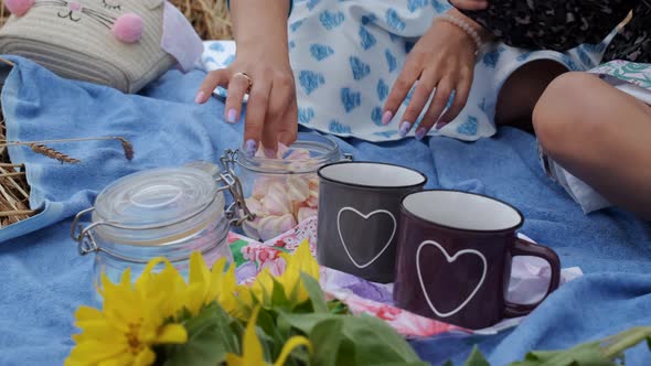 Closeup of Mom with Daughter Picnicking in Field