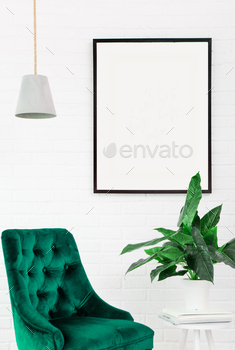 pace for design and text. Scene with green chair, lamp, plants