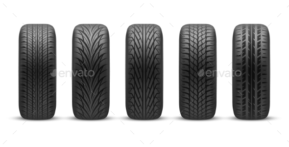 Realistic Car Tires with Different Tread Patterns