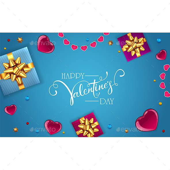 Decorations with Gifts and Hearts on Blue Valentines Background