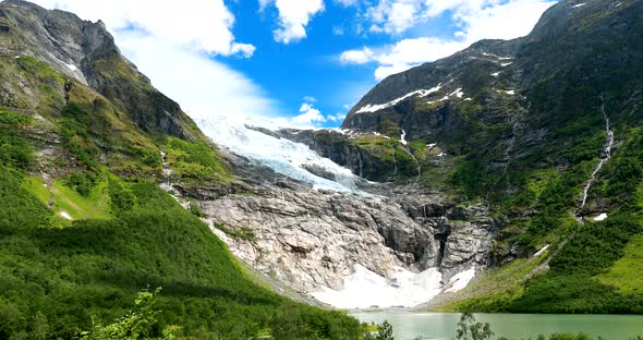 Jostedalsbreen National Park, Sogn Og Fjordane County, Norway. Boyabreen Glacier Landscape In Spring