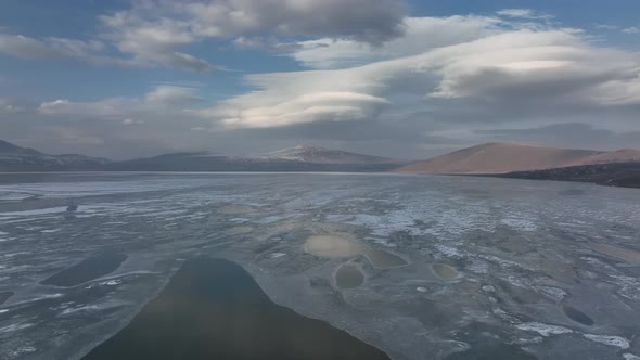 Aerial view of frozen Lake Paravani. The largest lake in Georgia