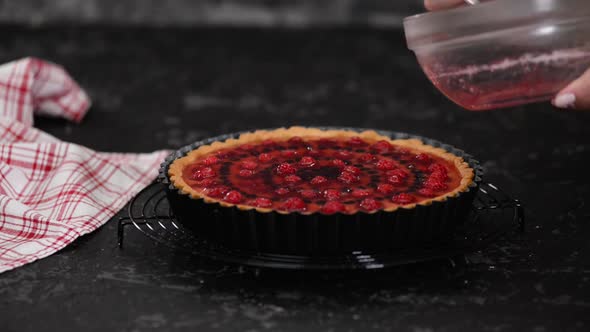 Woman Making Custard Tart with Berries and Jelly. Tart with Berries