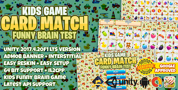 Kids Card Match Unity Full Project + Admob + Easy Reskin + 64Bit Support