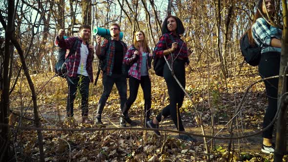 Cheerful hikers on expedition in autumn forest