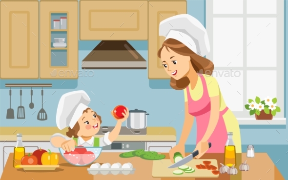 Mother and Kid Girl Preparing Healthy Food at Home