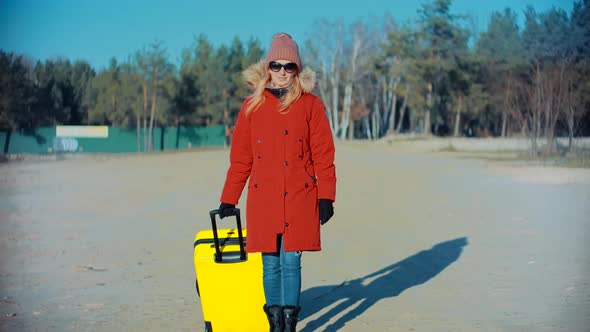 Tourist Travelling Mood. Walking With Yellow Travel Bag. Wife Left Her Husbands After Quarrel.