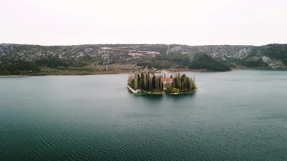 Drone shot of the Visovac monastery in Croatia