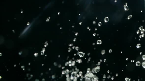 Water Droplets Rise in the Air Against Black Background. Slow Motion Water Splash on Black