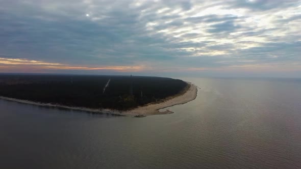 Aerial View Over the Kolka Cape, Baltic Sea, Latvia. During Autumn Evening Sunset