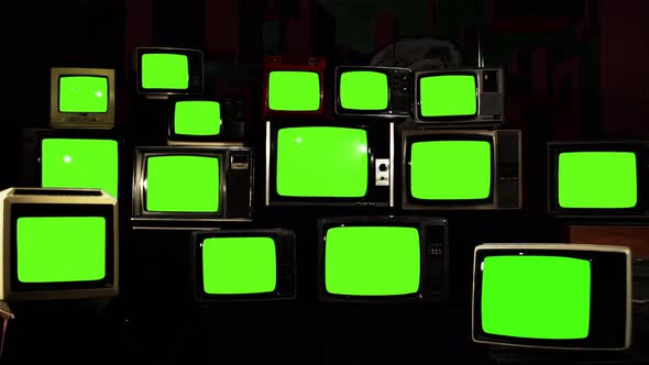 Fifteen Retro TVs turning on Green Screens with Static Noise. 4K Version.