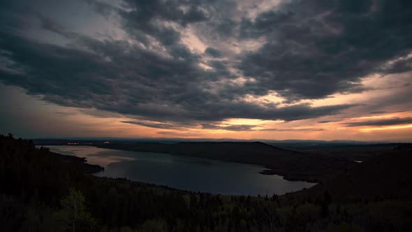 Time lapse at dusk overlooking lake in Wyoming