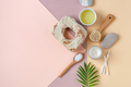 Accessories, olive oil and body care cosmetics on a light pastel background. - PhotoDune Item for Sale