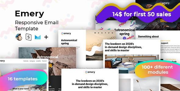 Emery – 100+ Responsive Modules + StampReady, MailChimp & CampaignMonitor Compatible Files