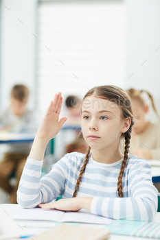 tudent sitting at school desk raising hand in class, copy space