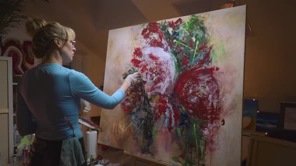 Talented Female Artist Working on a Modern Abstract Oil Painting Uses Splattering and Dripping with