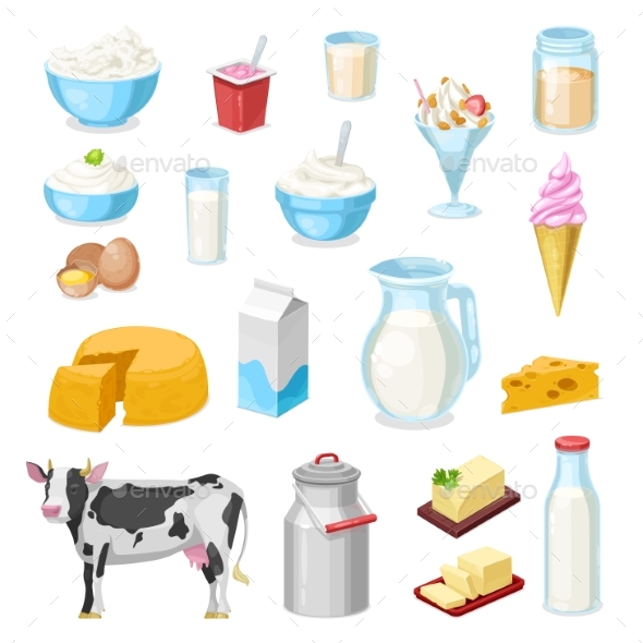 Farm Milk, Cheese and Butter Icons of Dairy Food
