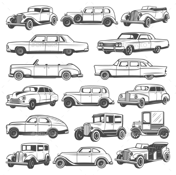 Retro Vintage Cars Vector Icons Set, Old Vehicles