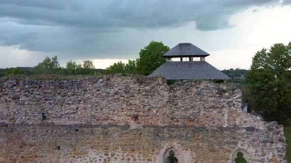 Medieval Castle Ruins in Latvia Rauna. Aerial View Over Old Stoune Brick Wall of Raunas Castle 