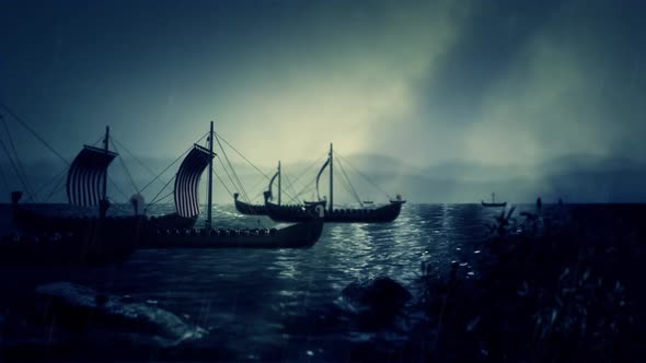 Viking Fleet Sailing To Shore