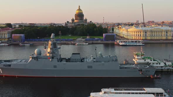 Aerial Morning Urban Landscape with Warships in the Waters of the Neva River Before the Holiday of