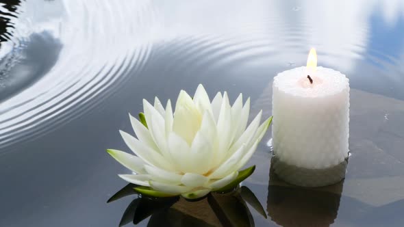 Slow motion of water splashing in pond with blooming water lily flower and burning candle.