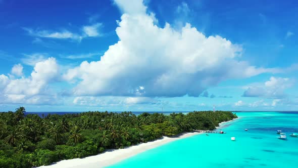 Aerial seascape of paradise island beach journey by shallow lagoon and white sand background of a da