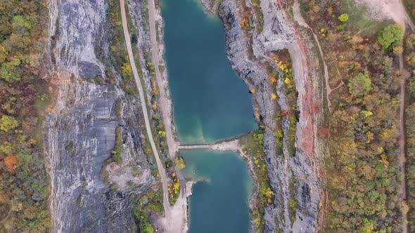 Top Down Aerial View of Massive Quarry in Czech Republic. Velka Amerika, Flooded Abandoned Limestone