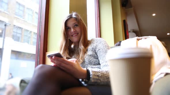 Beautiful woman in a cafe texting on the phone