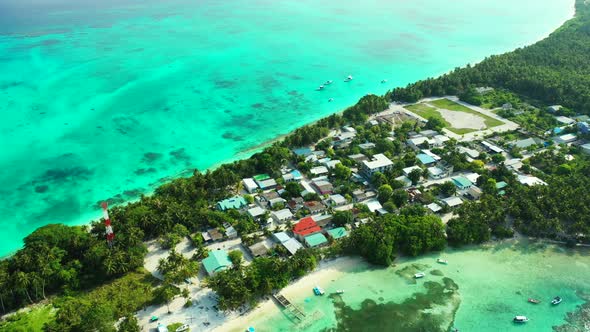 Beautiful fly over tourism shot of a summer white paradise sand beach and turquoise sea background i