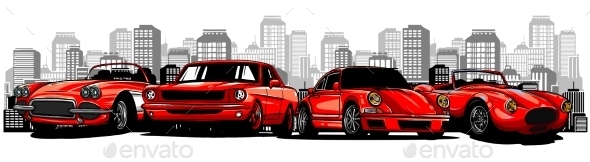 Flat Vector Cartoon Style Illustration of Cars