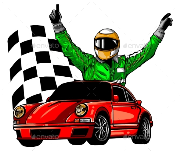 Vector Illustration of Racing Car with Checker