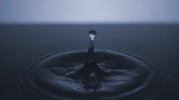 Camera follows extreme close-up water drops rippling. Slow Motion.