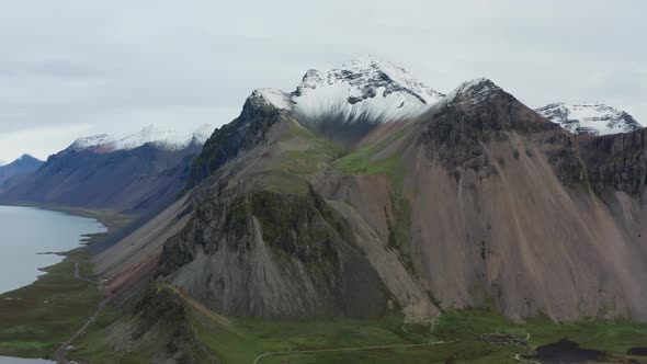 Drone Flight Of Vestrahorn Mountain With Snowy Peak