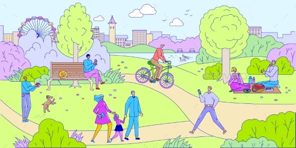 People in Park Vector Illustration Outdoor