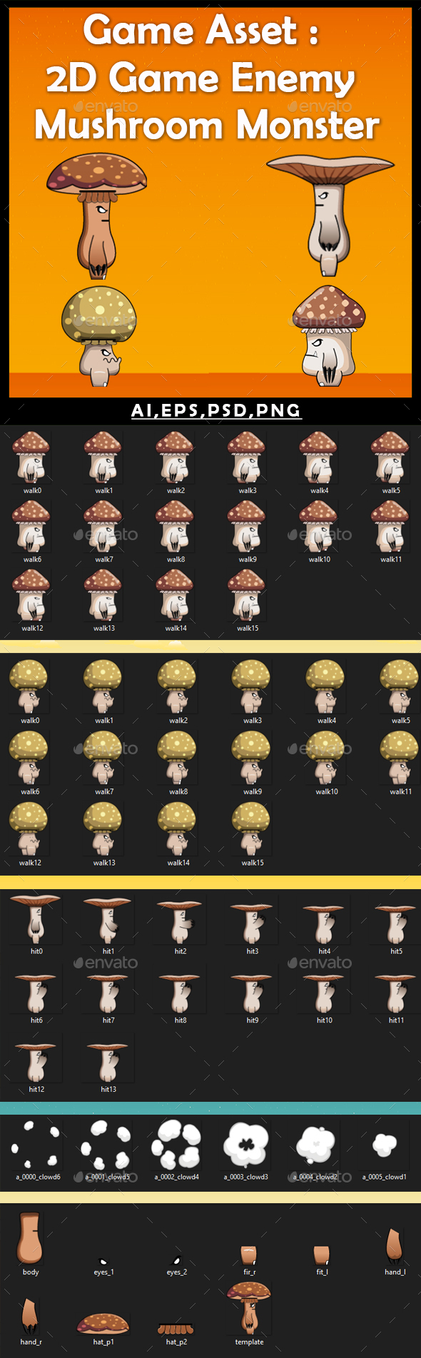 Game Asset :  2D Game Enemy  Mushroom Monster sprite sheet