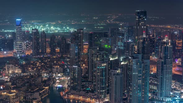 Amazing Aerial View of Dubai Downtown Skyscrapers Night Timelapse Dubai United Arab Emirates