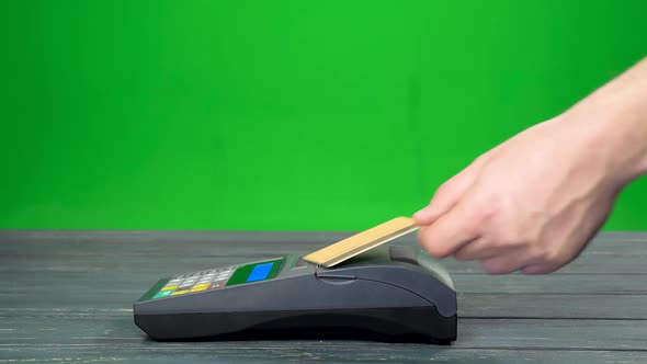 Close Up of Man Pays Coffee with Nfc System and Contactless Card