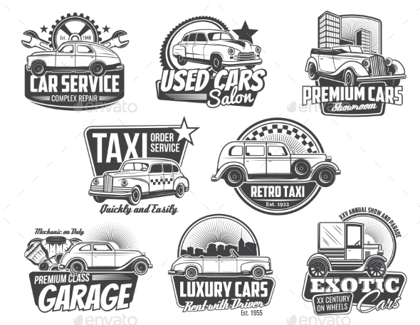 Cars with Spare Part Vector Icons
