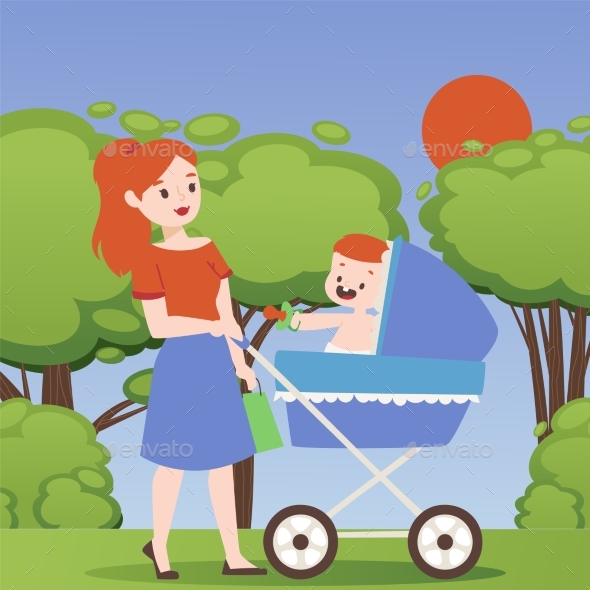 Mother in Park with Baby Stroller, Woman Cartoon