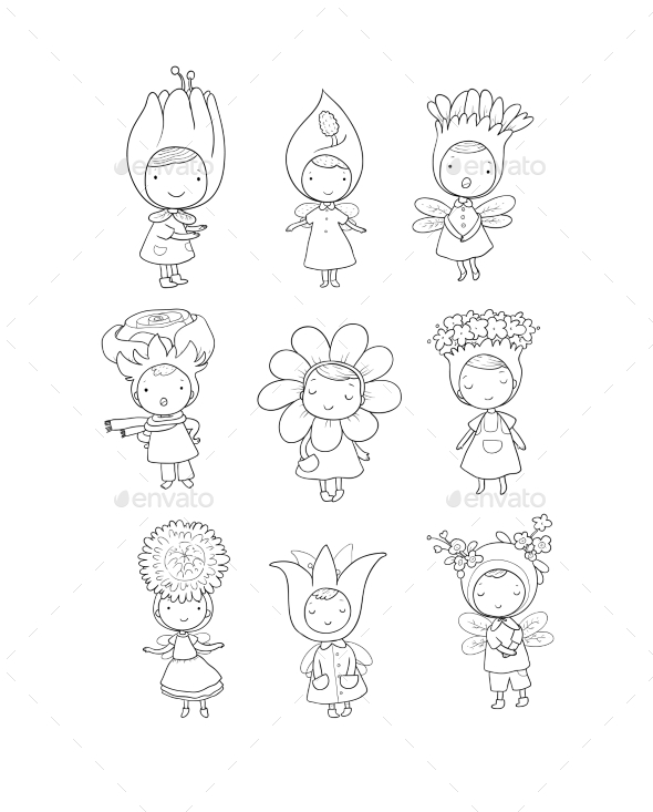 Cartoon Flower Fairies and Forest Gnomes