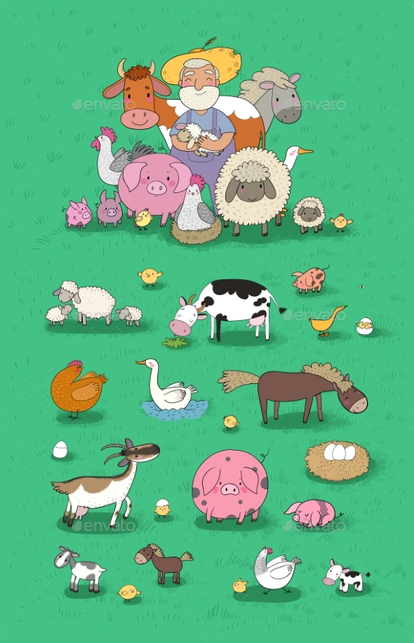 Cartoon Farmer and Animals