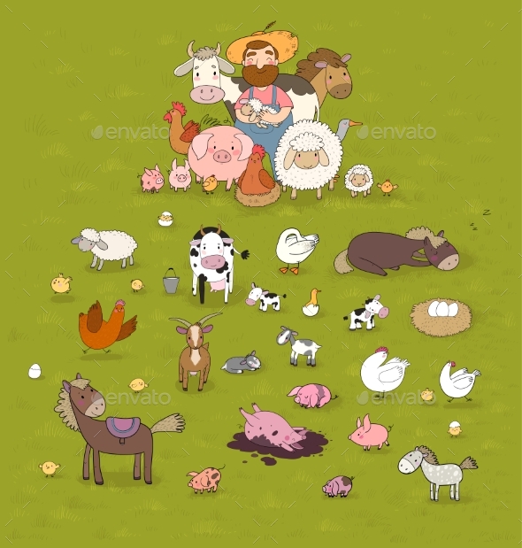 Cartoon Farmer and Animals